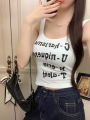 American sweet and spicy letter printed square collar I-shaped suspender vest short beautiful back top