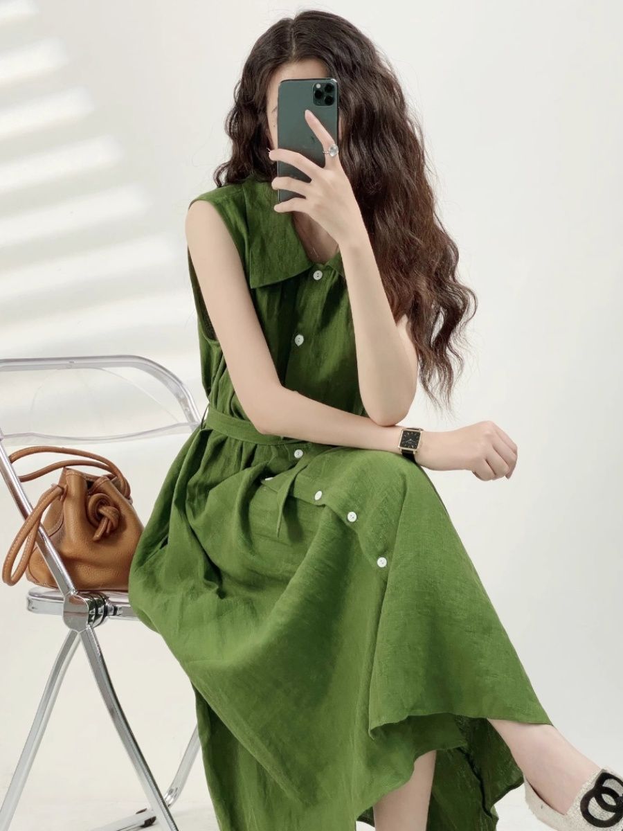 French green lapel sleeveless dress for women summer retro style single-breasted long skirt