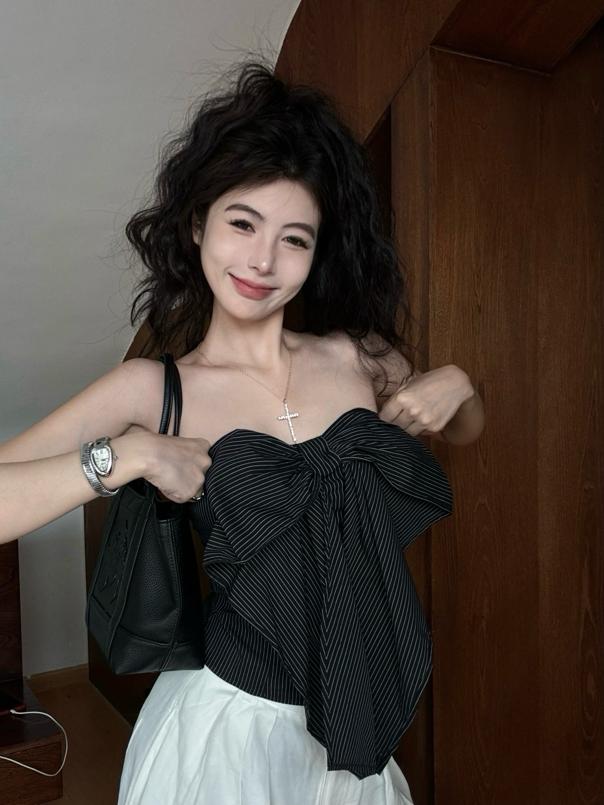 蝴蝶結條紋抹胸背心女夏季修身辣妹無袖裹胸短款露背上衣