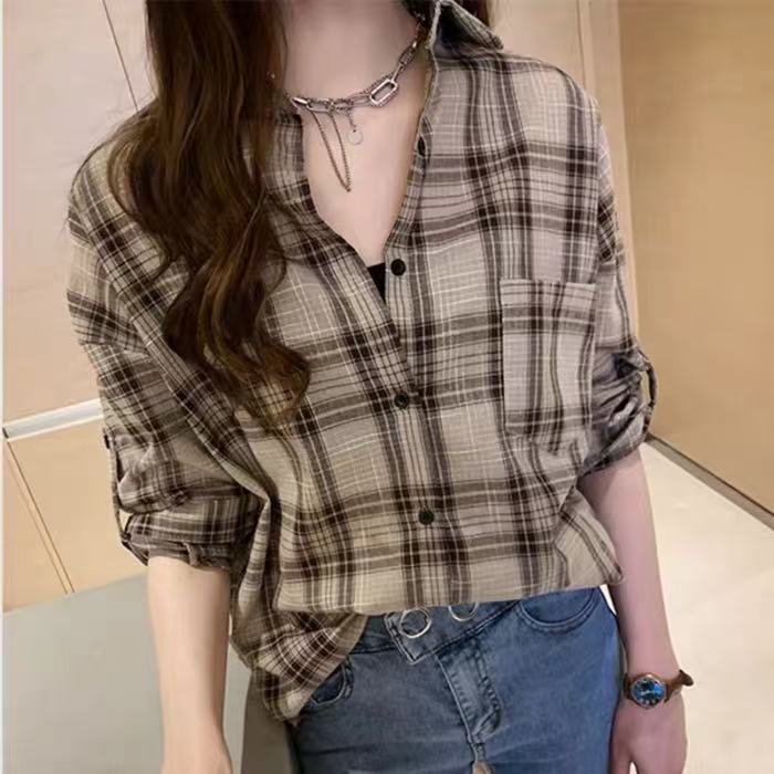 2025 Spring Collection New Korean Style Elegant Long-Sleeve Checkered Shirt for Women Loose Design Sensory Top Casual Blouse Jacket