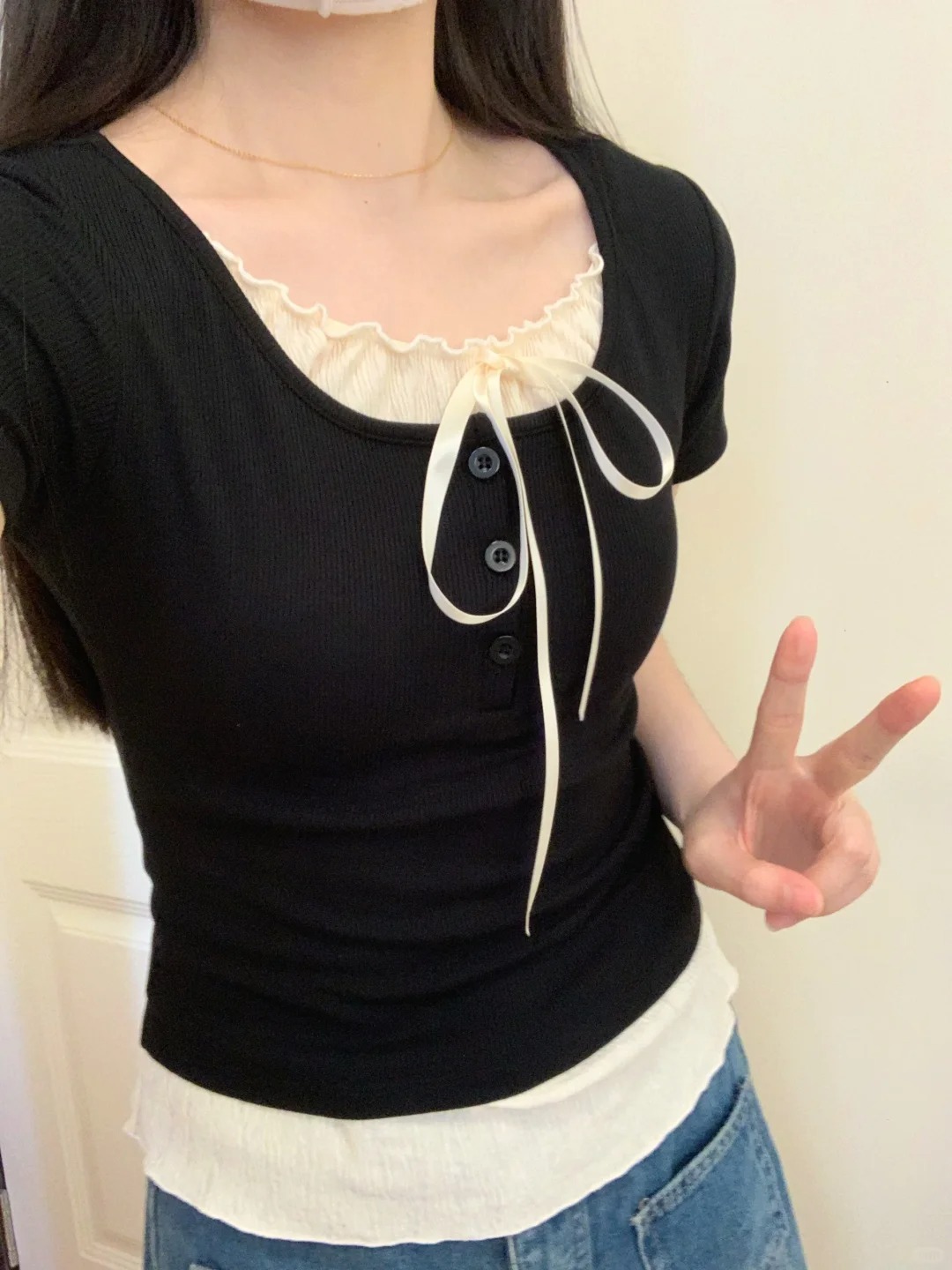針織料~~芭蕾風假兩件T恤女夏季蝴蝶結打底衫木耳邊修身絕美上衣