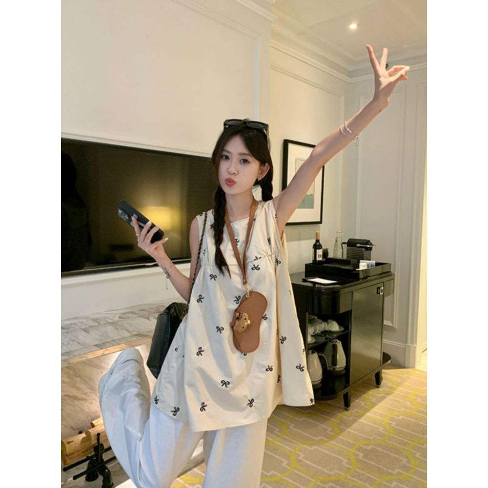 Korean bow sleeveless vest shirt women's summer 2025 new design shirt loose casual top