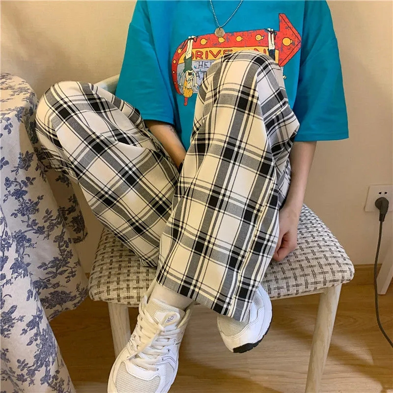 韓國外貿大碼直筒褲寬鬆格子休閒褲女夏季薄款拖地褲百搭闊腿褲