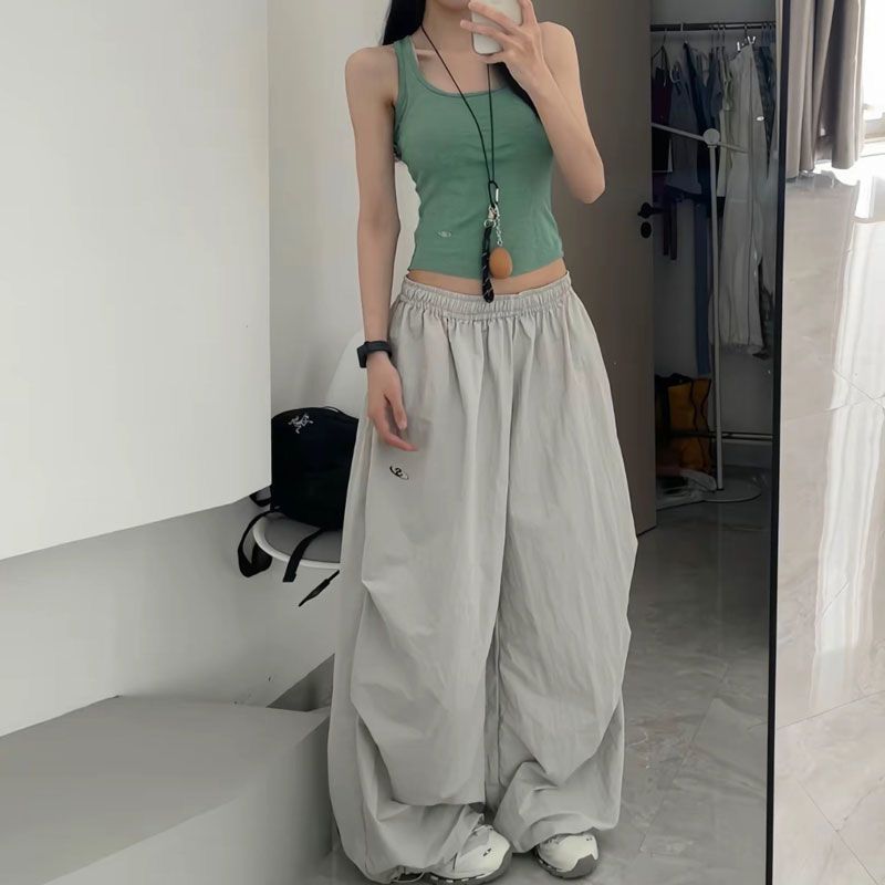 速干運動褲辣妹風小個子潮酷美式工裝褲女穿搭韓系高腰闊腿褲女