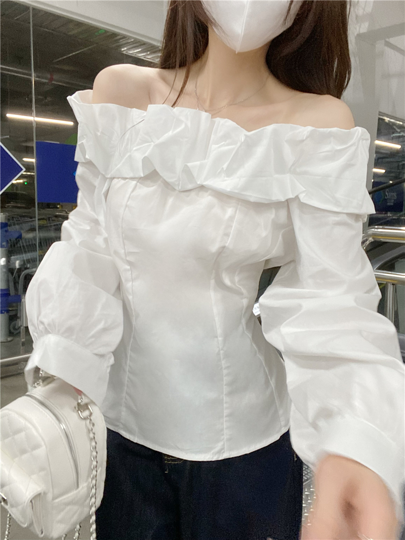 Real-life French gentle style one-shoulder bud long-sleeved shirt women's loose long-sleeved shirt white