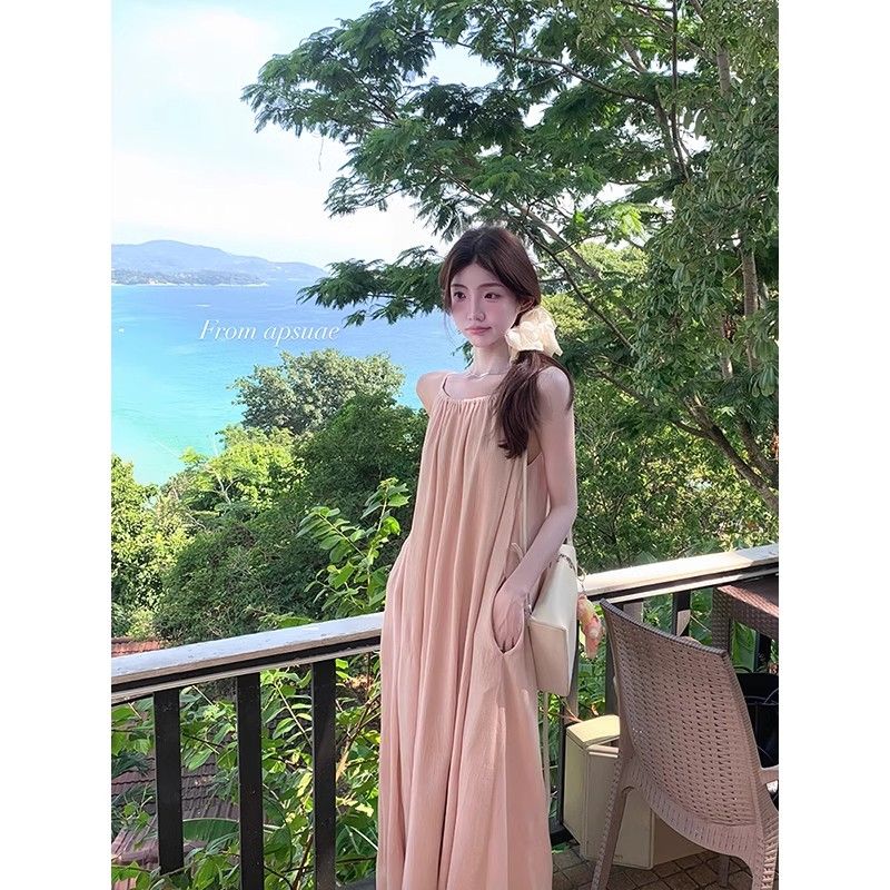肩帶可調節＋有口袋皺吊帶連衣裙夏季新款慵懶度假風寬鬆長裙