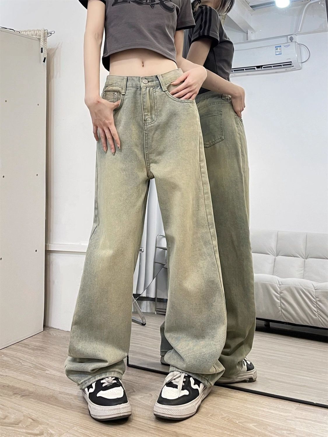 美式高街vibe風做舊黃泥復古牛仔褲女高腰顯瘦直筒闊腿褲子ins潮