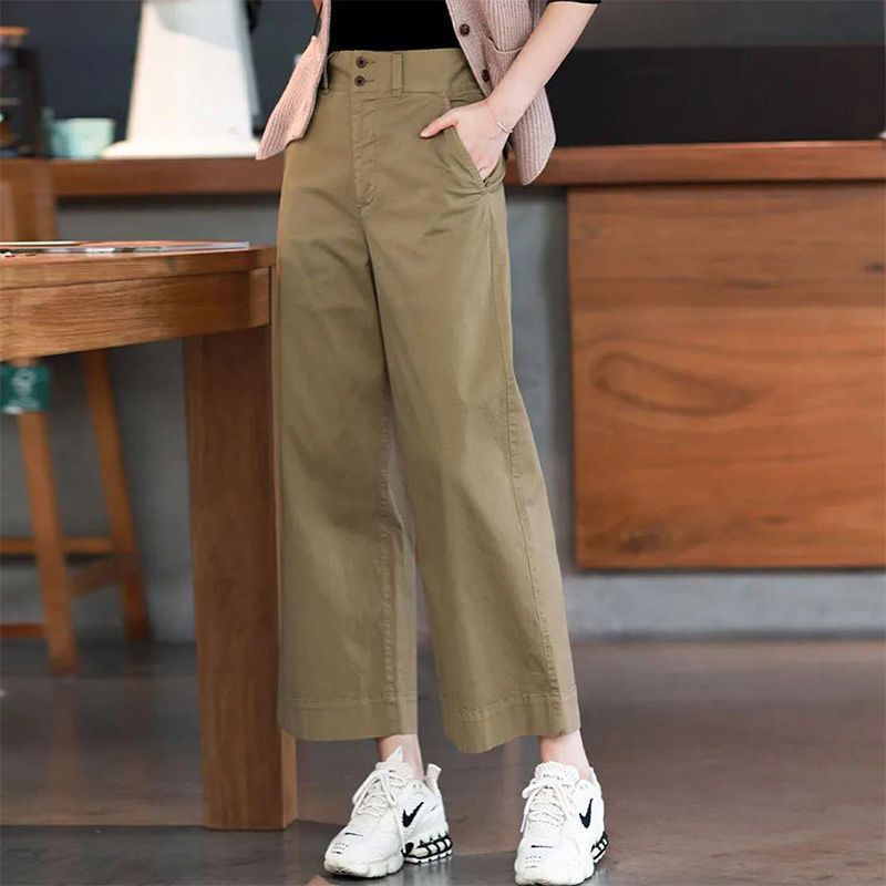 2025 spring and summer pure cotton cropped pants high waist wide-leg pants new loose breathable comfortable and slim casual pants for women