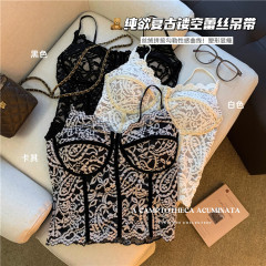 kumikumi hot girl style design lace embroidered suspender vest women's spring slim fit slim short top