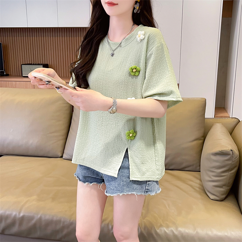 首發實拍 仿棉泡花T恤  新款百搭泡花寬鬆上衣女時尚T恤潮