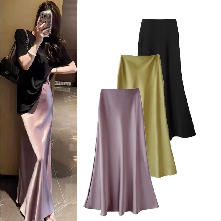 Women's High-Waisted Slimming Medium-Length Semi-Body Skirt with Acrylic Satin, Breaded Hip Fish Tail Long Dress for Spring and Summer 2025, Flowy Skirt
