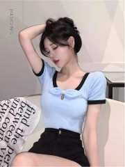 Pure and sweet hot girl bow short-sleeved T-shirt for women in summer design niche slim fit slim and unique top