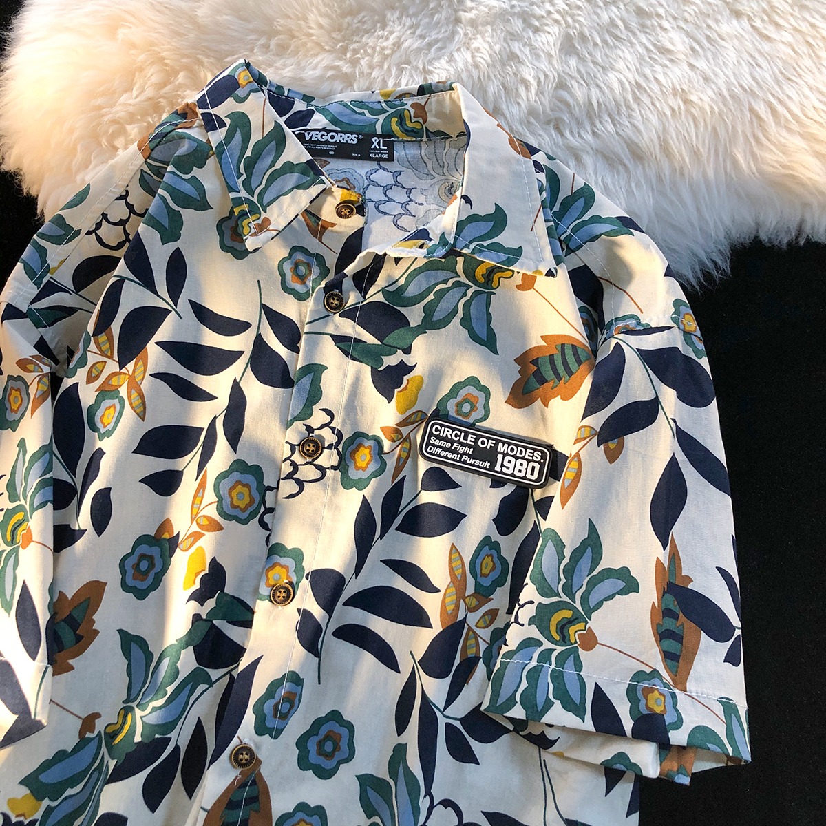 Official photo 100% polyester fiber Harajuku Japanese loose short-sleeved jacket floral shirt for men and women summer