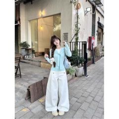 Unique two-piece mint blue long-sleeve T-shirt for women, Korean style, spring 2025