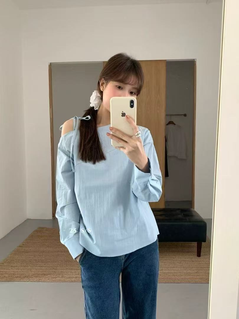 韓版大領口露肩細帶綁帶別致上衣女春季新款時尚氣質寬鬆長袖襯衫