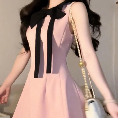 小個子溫柔風氣質夏季法式新款香風粉色系帶蝴蝶結收腰顯瘦連衣裙