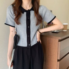Chic Hong Kong style top short-sleeved summer Korean style slim-fitting Polo neck knitted cardigan thin short T-shirt for women