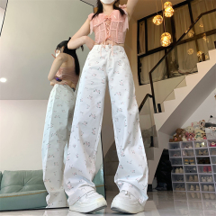 實拍春季新款白色小碎花韓版牛仔褲子女寬鬆直筒闊腿高腰長褲