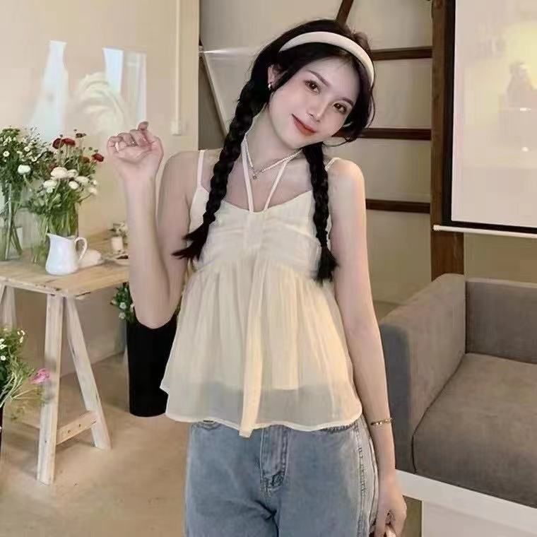 2025 summer new Korean version sweet doll top bow strap sleeveless suspender lined chiffon shirt for women