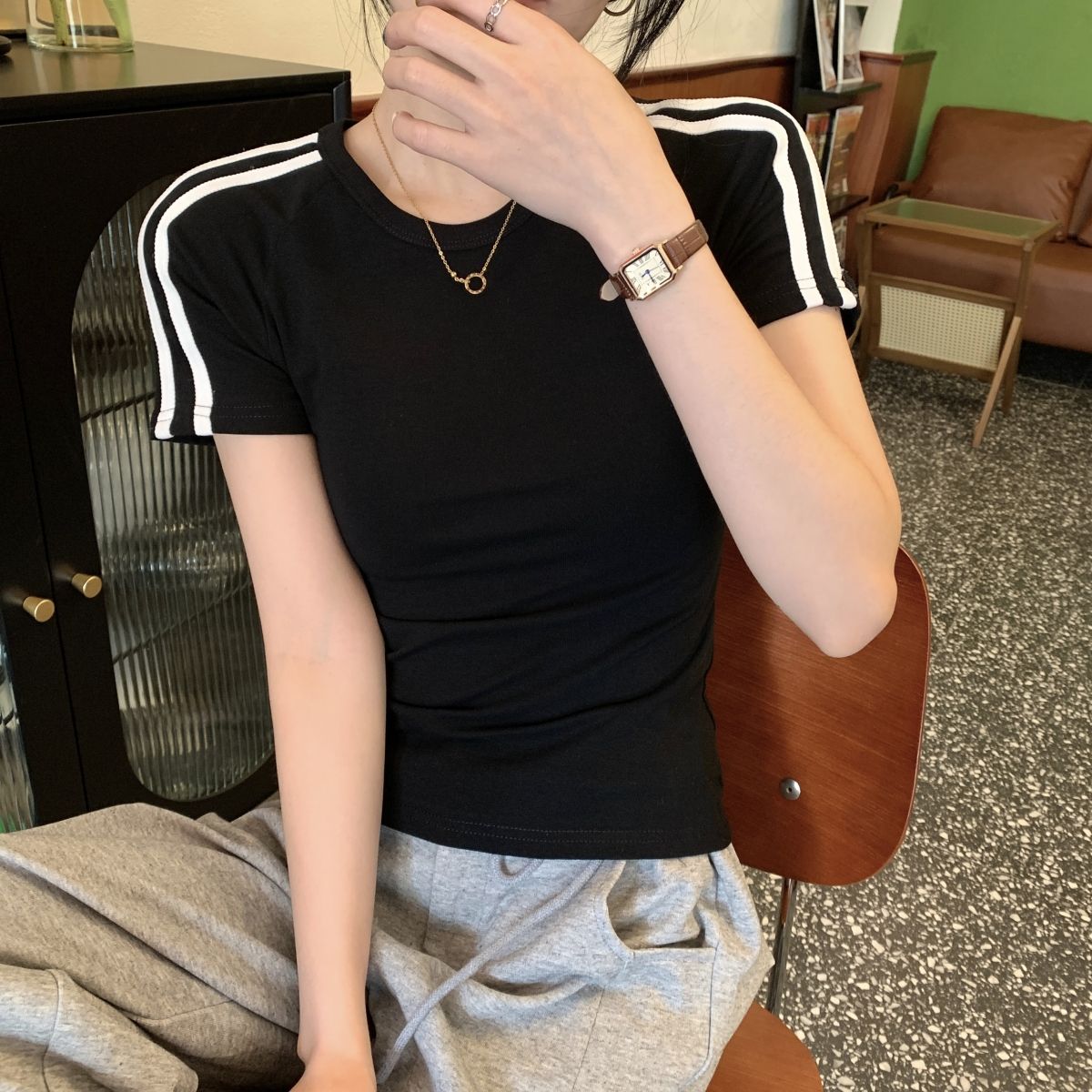 Pure cotton 32-pin stretcher retro striped summer slim top
