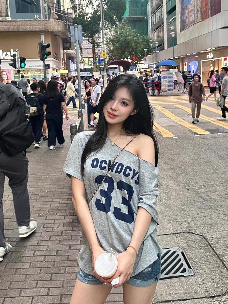 100% cotton American retro letter printing grey off-shoulder short-sleeved summer high-end pure cotton loose shoulder top