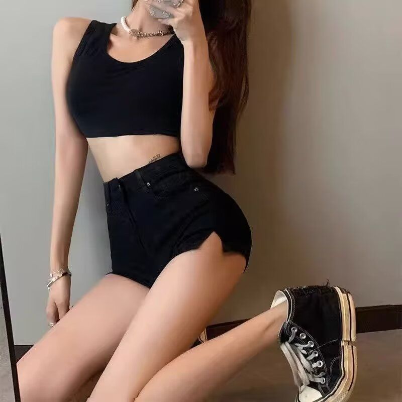 外貿牛仔短褲女高腰開叉顯瘦夏季新款百搭緊身性感辣妹a字熱褲