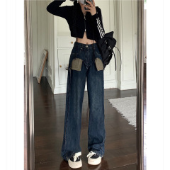 2025夏季新款韓系設計感小眾撞色拼接牛仔褲女顯瘦直筒闊腿長褲子