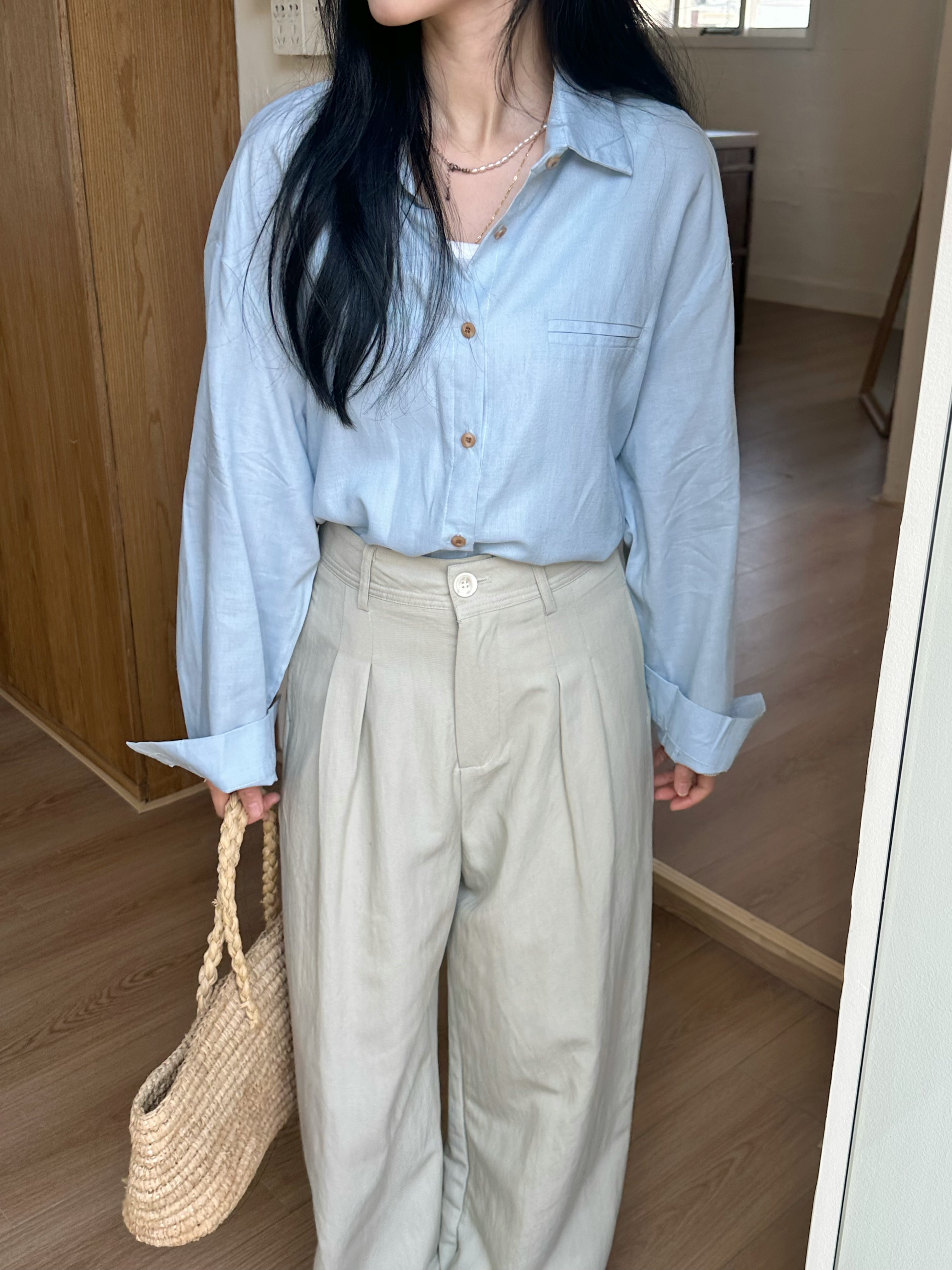 實拍～韓版早春新款休閒棉麻襯衫百搭長袖Polo領單排扣襯衣女