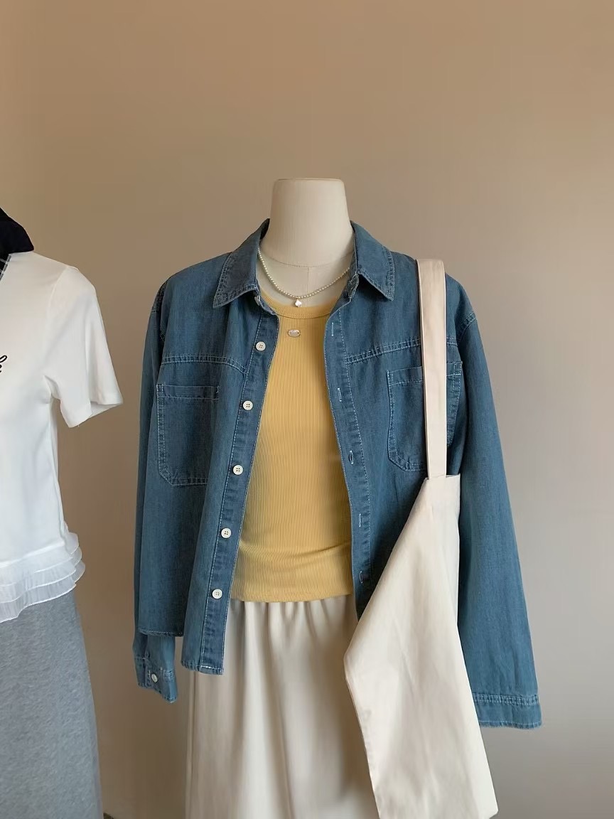 Photographed~ Korean-style versatile basic water-washed short denim shirt top