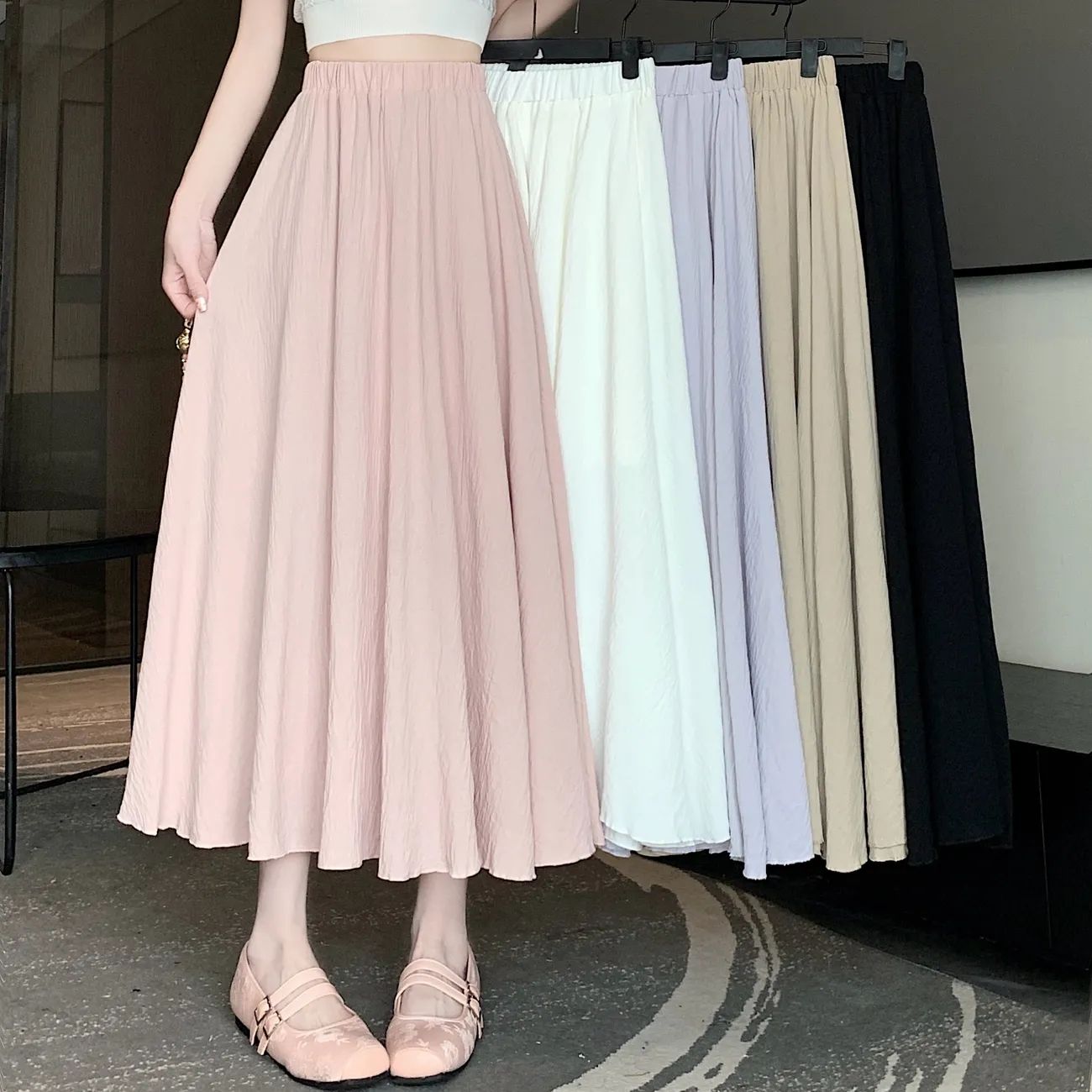High-end linen cotton beige skirt for women's summer new mid-length loose slim A-line long skirt