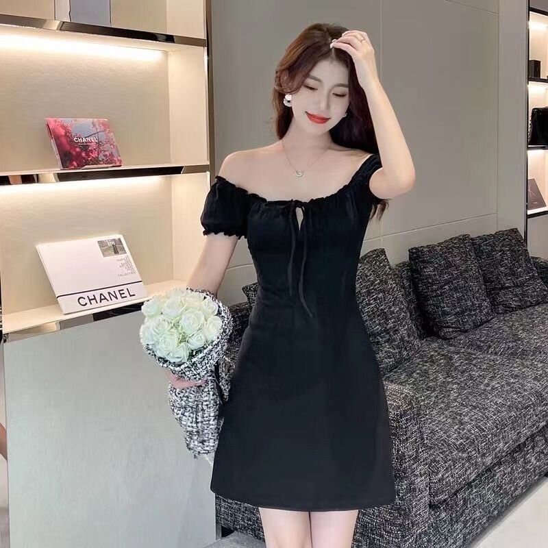 Puff sleeve dress for women in spring and summer retro hot girl temperament celebrity square collar sexy slim fit slim a line short skirt