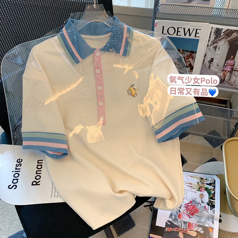 Official picture 100% cotton back bag collar contrasting striped Polo shirt short-sleeved sweet and cute top