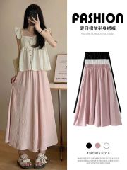 Pink skirt and pants for women in summer thin small floating pleated A-line skirt high waist slim drooping wide-leg pants