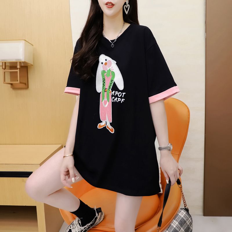 Real shot of 2025 summer 200g pure cotton large-size embroidered color-blocking short-sleeved T-shirt for women