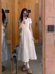 夏季新中式盤扣短袖連衣裙子女微胖妹妹收腰顯瘦碎花長裙