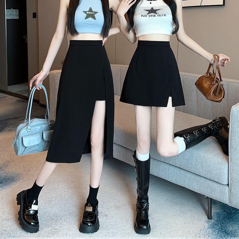 Irregular slit black skirt for women summer mid-length A-line skirt 2025 safety pants high waist short skirt skirt