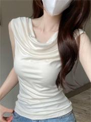 Real-life green swaying collar backless strap pleated T-shirt new slim irregular short top