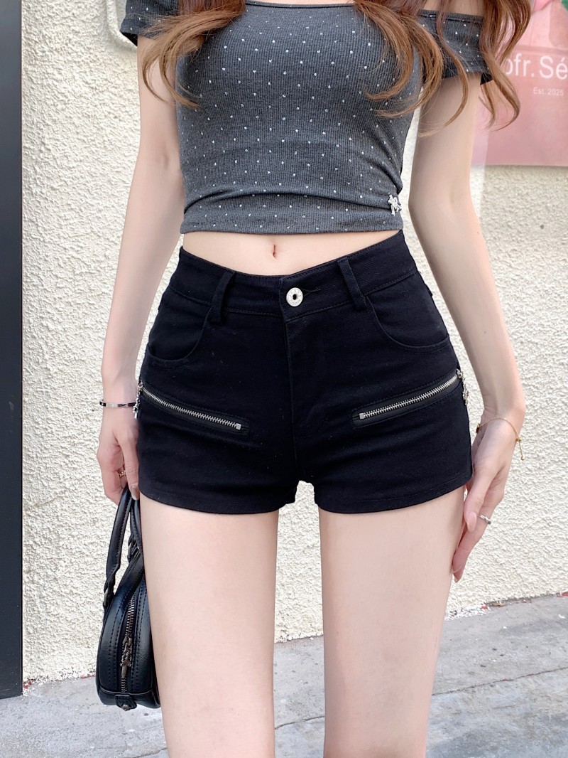 Real shot!  !  Retro casual shorts high waist stretch slim hot girl tight A-line hip pants