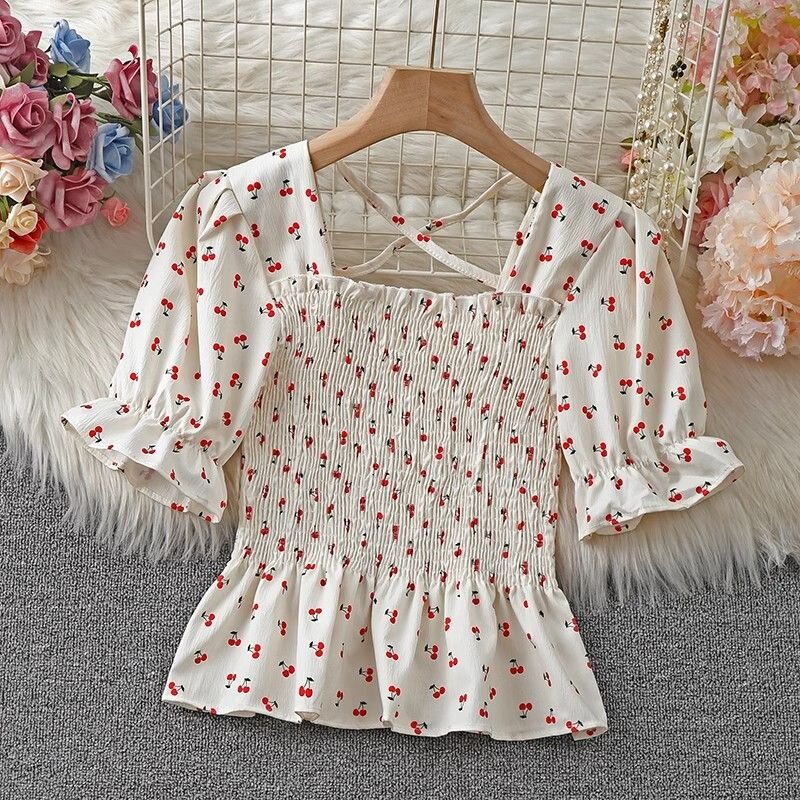 French sweet floral square collar puff sleeve shirt for women 2025 summer new slim fit slim and fashionable age-reducing top