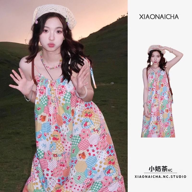 法式初戀碎花吊帶連衣裙女夏季2025新款甜美減齡花邊長裙子+