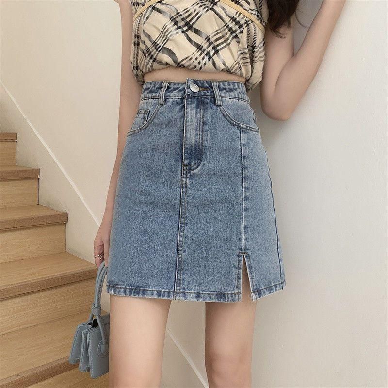 versatile fashion ins slit denim skirt women's a-line high-waist short skirt spring and summer new hip-pack denim skirt