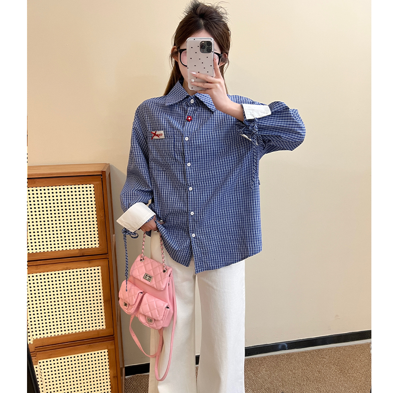 Real photo American retro blue plaid early spring high-end lazy loose top plaid shirt women
