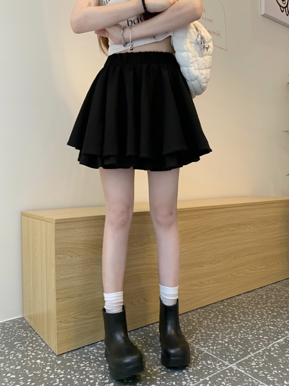 Real shot New Korean version of sweet ballet style high waist slim double-layer heavy industry short skirt anti-exposure A-line skirt