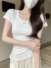 Real shot of cartoon printed sweet long-sleeved T-shirt for women with tight inner bottom shirt pure slim fitted black ears