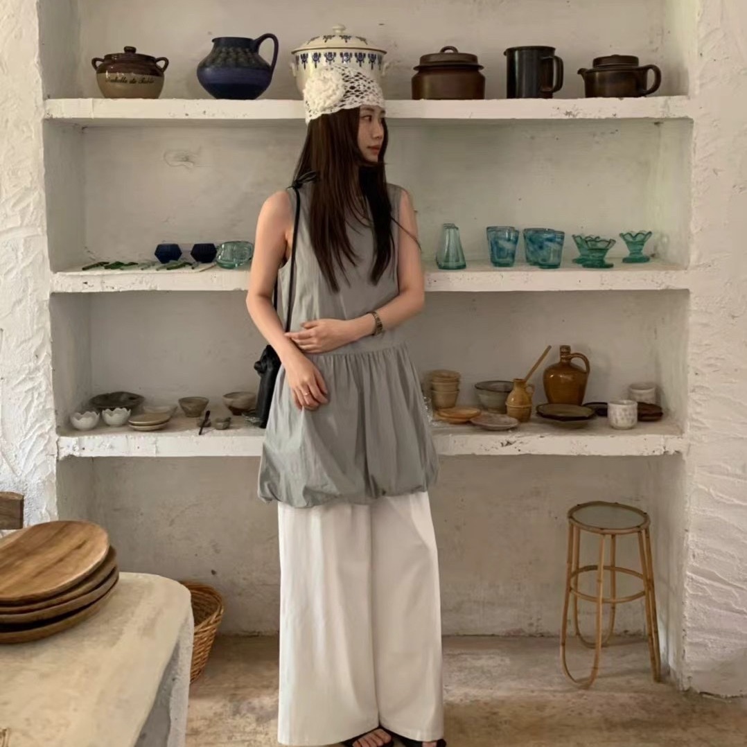 韓系甜美圓領純色背心裙花苞裙連衣裙氣質減齡背心短裙
