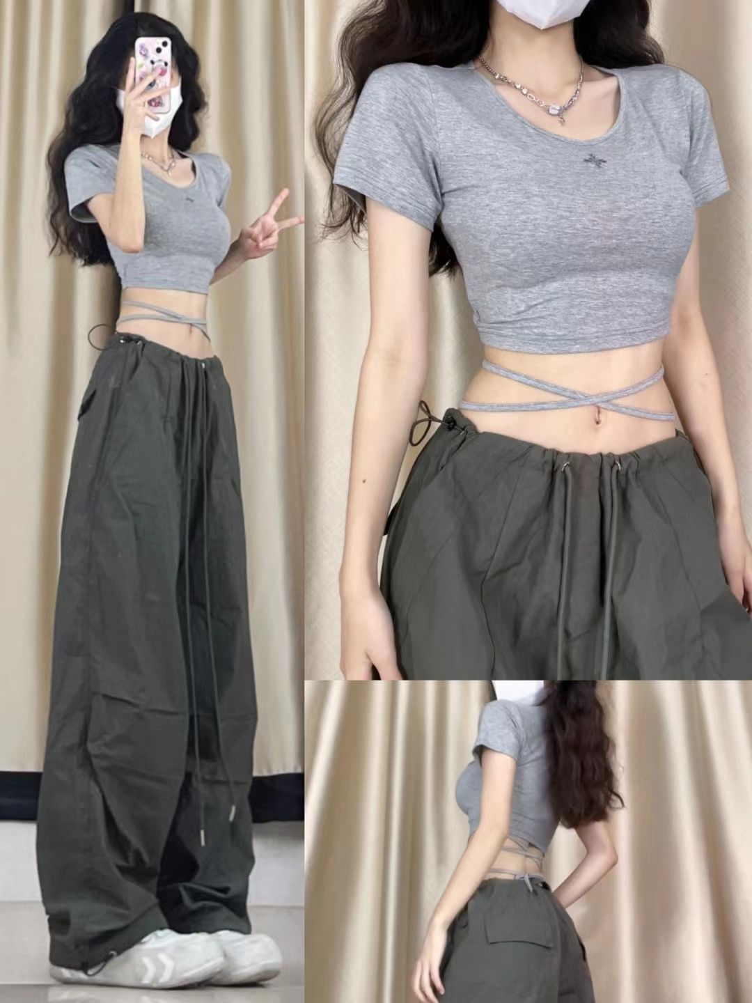 PPHOME American Street Style Loose Tied-Armpit Work Pants Casual Wide Leg Paper Bag Pants