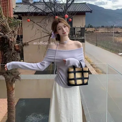 Korean style one-shoulder knitted top for women 2025 spring new gentle sweet slim short shirt AS