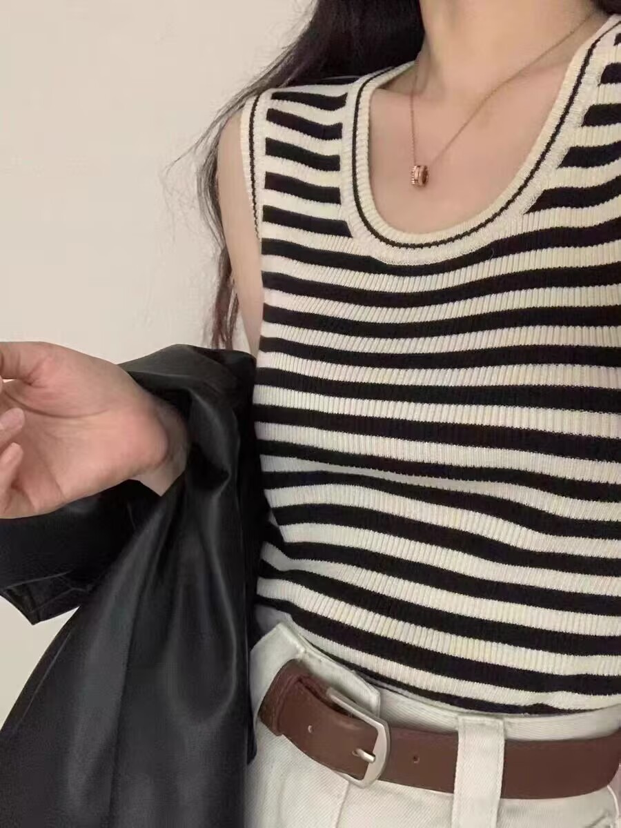 2025 spring and summer temperament versatile round neck vest chic suspender basic elastic slim knitted top sleeveless base