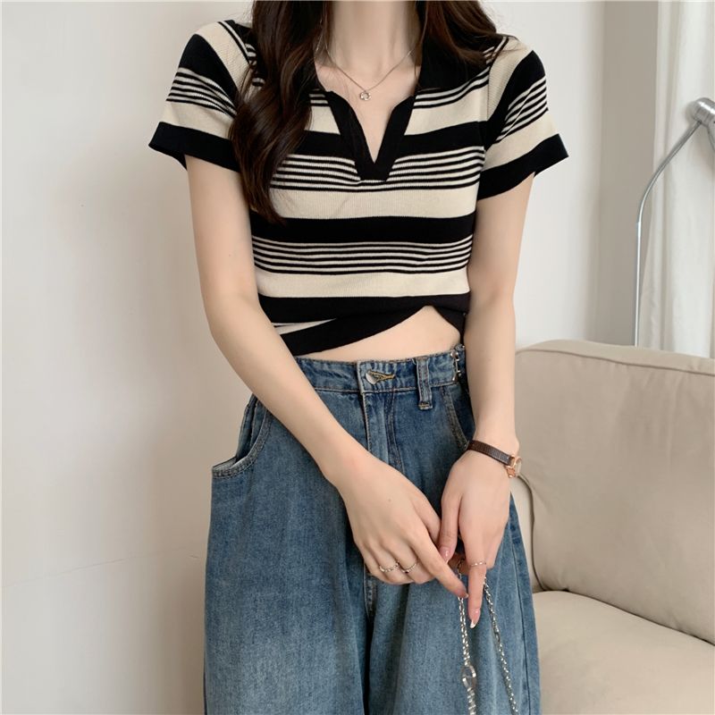 Pure cotton polo shirt retro striped design slim short top for women