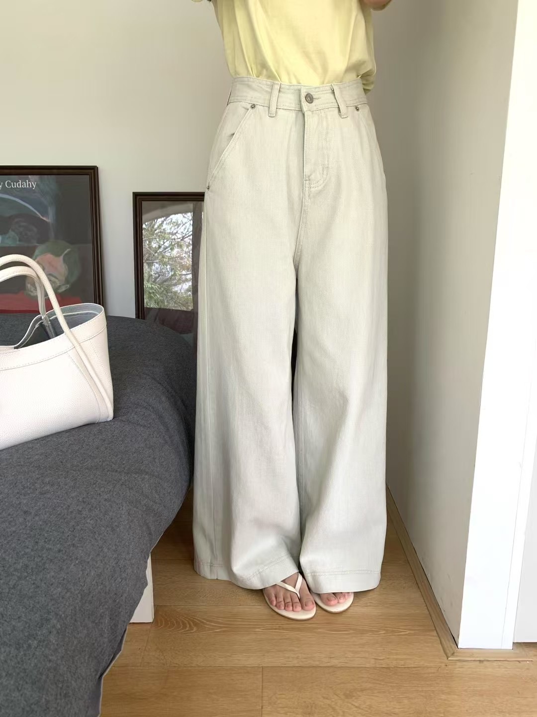 實拍~白色闊腿牛仔褲女2025春季寬鬆休閒褲子大長腿直筒拖地褲